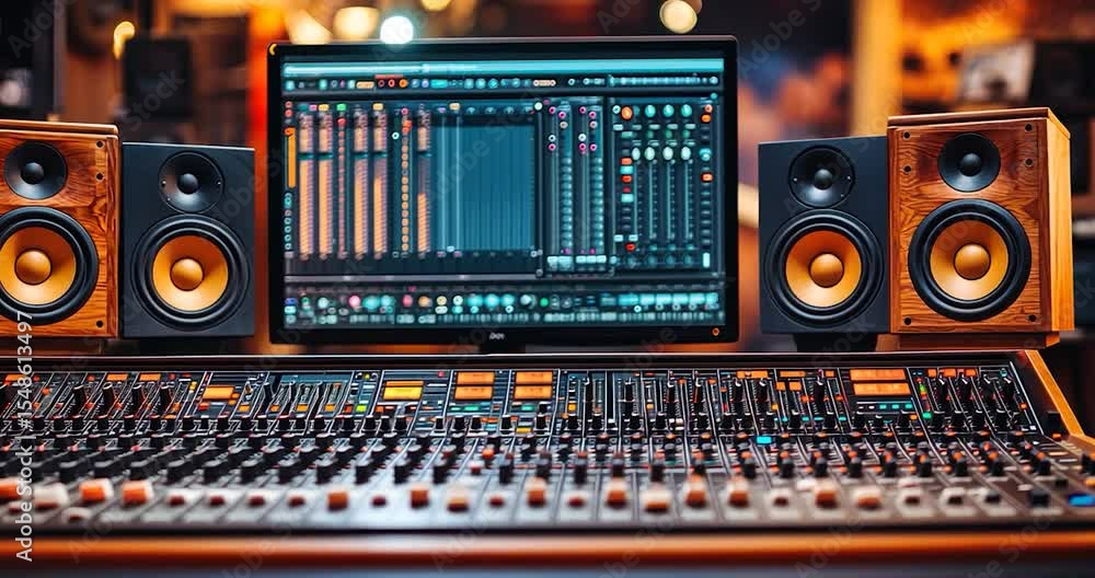 Aufkleber audio mixing console with speakers and computer screen in recording studio.