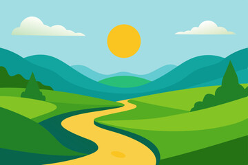 Obraz premium Vector illustration of a summer landscape with green hills, mountains, and a clear sky, featuring a road winding through a sunny meadow