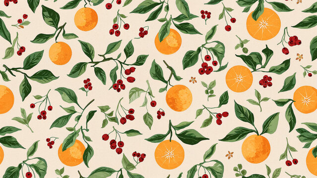 Citrus fruit and berry pattern on a light beige background with leaves