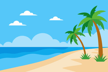 Obraz premium Tropical island paradise with palm trees on a sandy beach by the clear ocean water, perfect for a summer vacation