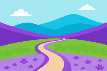 Obraz premium Serene Lavender Fields and Winding Path A Picturesque Mountain Landscape Illustration