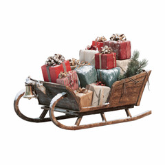Rustic Wooden Sleigh Overflowing with Christmas Presents, Snow Covered
