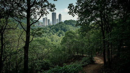 City embraced by lush green forest pathways