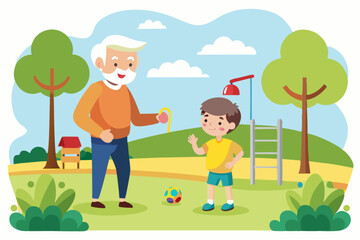 Cartoon illustration of a cheerful grandfather and grandson happily talking and bonding over a basketball. Family love, generation connection