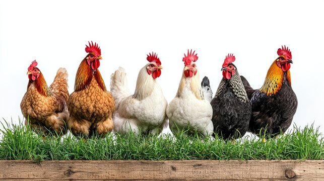 Six Colorful Chickens on a Wooden Fence