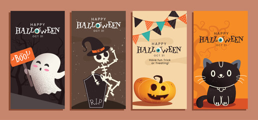 Halloween party invitation card clipart poster set. Happy Halloween invitation card clip art collection with cute ghost, skeleton, pumpkin and cat for horror party celebration banner design vector