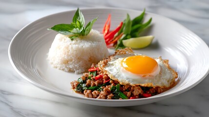 Delicious Thai Basil Stir-Fry with Egg and Rice Dish