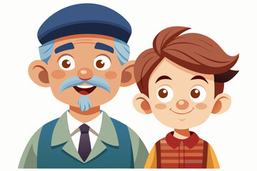 Cartoon illustration of a cheerful grandfather and grandson happily talking and bonding over a basketball. Family love, generation connection
