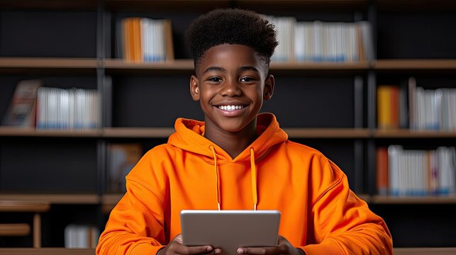 Smiling African American Boy Using Tablet in Library - Powered by Adobe