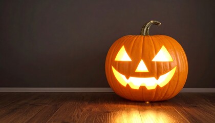 Glowing Jackolantern on wood floor with Halloween season background with copy space.