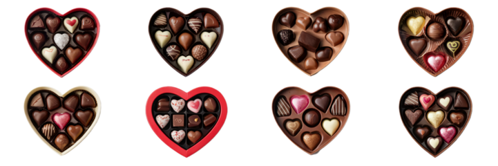 Delicious assorted chocolate heart shaped boxes sweet treats day on transparent background