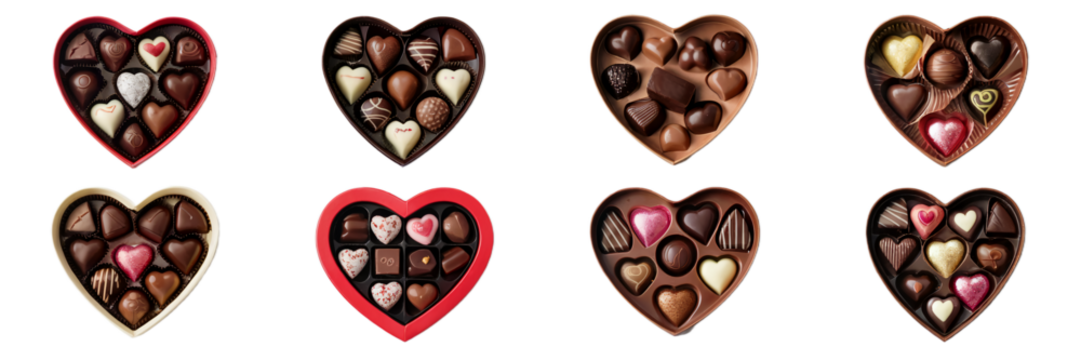 Delicious assorted chocolate heart shaped boxes sweet treats day on transparent background