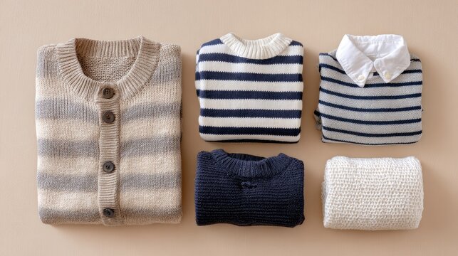 A flat lay of neatly folded beige, navy, and white children's clothes with minimalist patterns