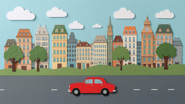 Whimsical cityscape featuring paper art car on road