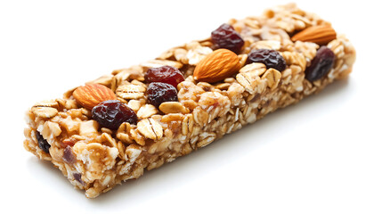 Closeup of a Granola Bar with Almonds and Cranberries on White Background