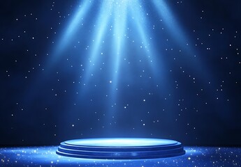 A spotlight podium with stars, particles and rays of light shining down, perfect for promotional products display  showcasing award-winning concept. 
