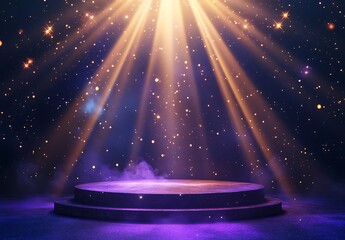 A spotlight podium with stars, particles and rays of light shining down, perfect for promotional products display  showcasing award-winning concept. 