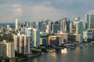 Fototapeta premium Downtown district of Miami in Florida, USA. Waterfront urban landscape of high skyscraper buildings near Biscayne Bay in modern American megapolis