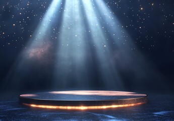 A spotlight podium with stars, particles and rays of light shining down, perfect for promotional products display  showcasing award-winning concept. 