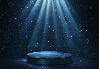 A spotlight podium with stars, particles and rays of light shining down, perfect for promotional products display  showcasing award-winning concept. 