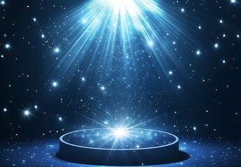 A spotlight podium with stars, particles and rays of light shining down, perfect for promotional products display  showcasing award-winning concept. 