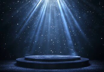 A spotlight podium with stars, particles and rays of light shining down, perfect for promotional products display  showcasing award-winning concept. 