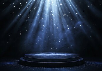 A spotlight podium with stars, particles and rays of light shining down, perfect for promotional products display  showcasing award-winning concept. 