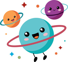 Cartoon planets with expressive faces in a cosmic dance, vector design with white background.