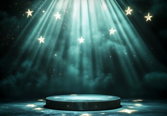 A spotlight podium with stars, particles and rays of light shining down, perfect for promotional products display  showcasing award-winning concept. 