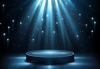 A spotlight podium with stars, particles and rays of light shining down, perfect for promotional products display  showcasing award-winning concept. 
