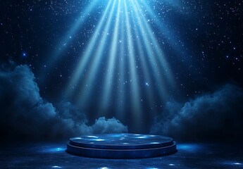 A spotlight podium with stars, particles and rays of light shining down, perfect for promotional products display  showcasing award-winning concept. 