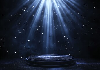 A spotlight podium with stars, particles and rays of light shining down, perfect for promotional products display  showcasing award-winning concept. 