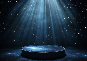 A spotlight podium with stars, particles and rays of light shining down, perfect for promotional products display  showcasing award-winning concept. 