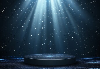 A spotlight podium with stars, particles and rays of light shining down, perfect for promotional products display  showcasing award-winning concept. 