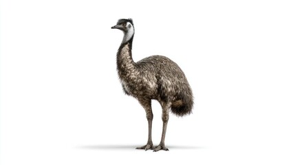 Emu standing profile against white background
