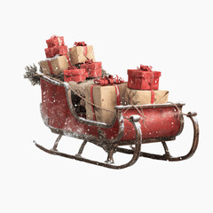 Christmas Sleigh Loaded with Presents in Falling Snow