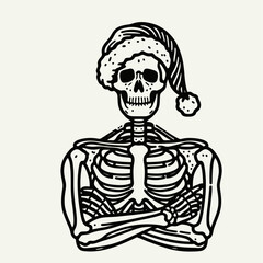 Fototapeta premium Skeleton wear santa hat crossing arms with a confident pose. Christmas Xmas Holiday Winter New Year Claus Clipart Line Art Vector Illustration. Bony figure in cap folded assured stance.