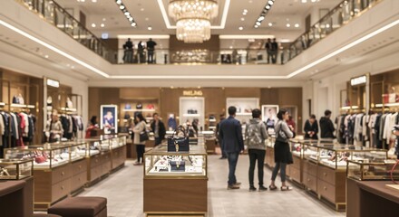 Luxurious High-End Fashion Boutique Interior with Display Cases and Shoppers