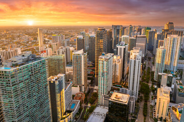 Urban cityscape of Miami Brickell downtown district in Florida, USA. Evening skyline with skyscraper buildings in modern American city