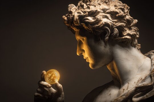 male bust sculpture of Cronus, Greek god of time, holding bitcoin cryptocurrency coin .