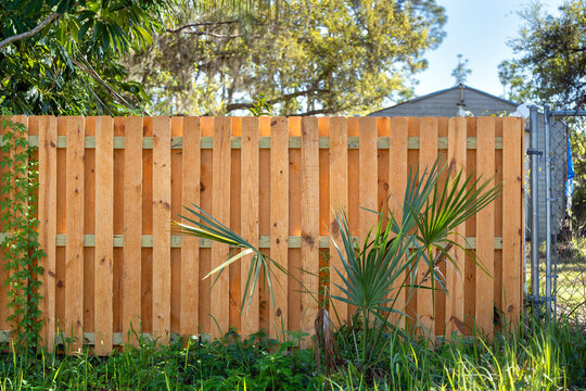 Fototapeta Wooden picket fence on green lawn surrounding property grounds for backyard protection and privacy