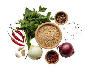 Fresh ingredients for cooking quinoa recipe healthy food top on transparent background