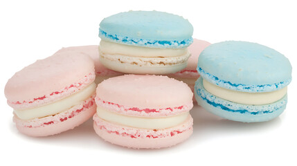 Pastel Pink and Blue Macarons with Cream Filling on White Background
