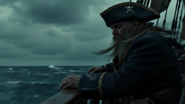 Stormy sea and the weathered pirate captain on deck of an old ship in dramatic lighting