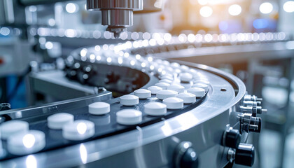 Medicines are being manufactured on industrial machine conveyor belt.  Concept of medical technology and drug manufacturing technology.