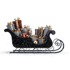 Festive Black Sleigh Overflowing with Christmas Presents on Snowy Ground