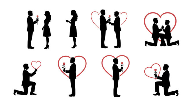 Love's Silhouette: A romantic series featuring couples, offering a glimpse into the timeless exchange of love and affection through the symbolism of a rose and hearts.