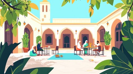 People dining in a courtyard setting.