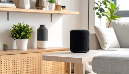 Modern Smart Speaker on Table in Living Room with Plants and Cozy Interior.