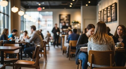 Fototapeta premium Busy Cafe Scene: People Enjoying Coffee and Conversation in a Modern, Light-Filled Interior, Creating a Lively and Social Atmosphere at Tables and Counter